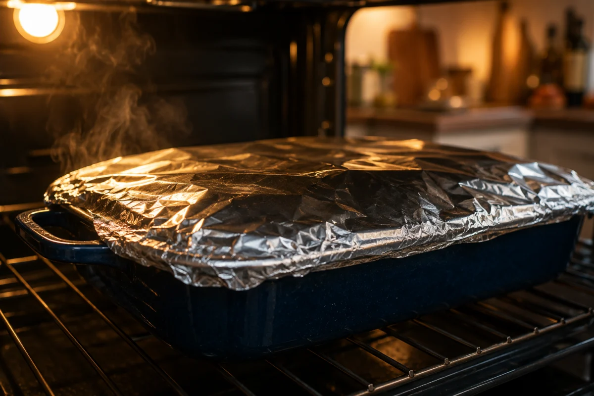 Turkey legs roasting covered with foil over the vegetables