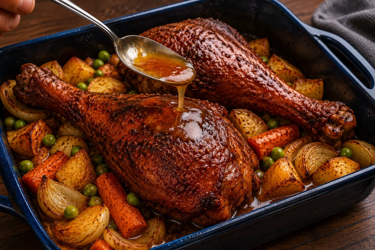 Uncovered turkey legs browning to deep mahogany with peas among the vegetables