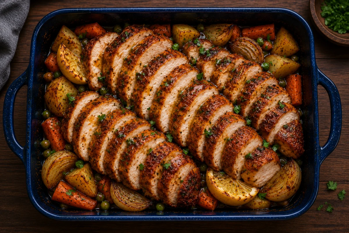 Carved dersa turkey returned to the pan with juices and fresh parsley