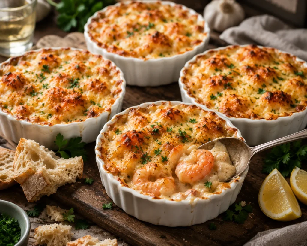 Shrimp gratin baked in ramekins with garlic, creamy bechamel and golden cheese