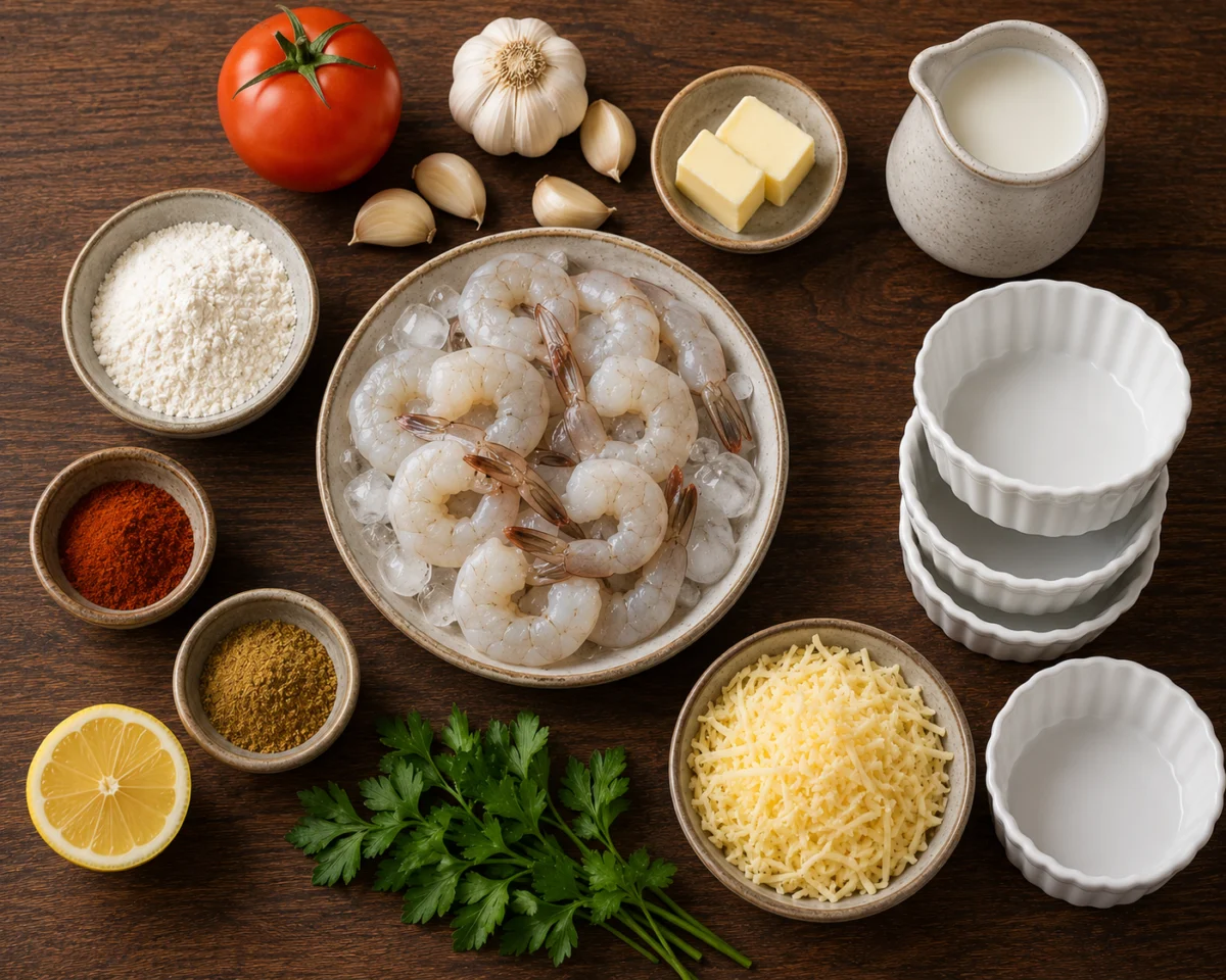 Ingredients for shrimp gratin: raw shrimp, butter, garlic, tomato, paprika, milk, flour and grated cheese