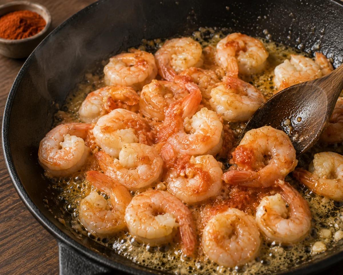 Searing shrimp quickly with garlic, paprika and grated tomato in a skillet