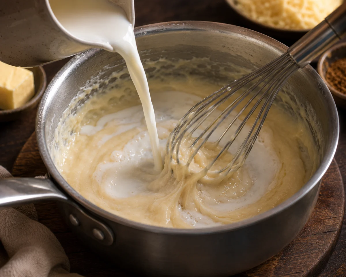 Whisking a quick bechamel sauce for the shrimp gratin