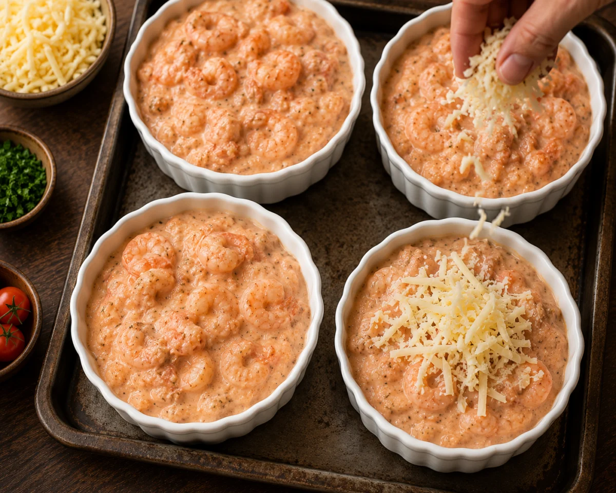 Filling buttered ramekins with shrimp in bechamel and topping with cheese