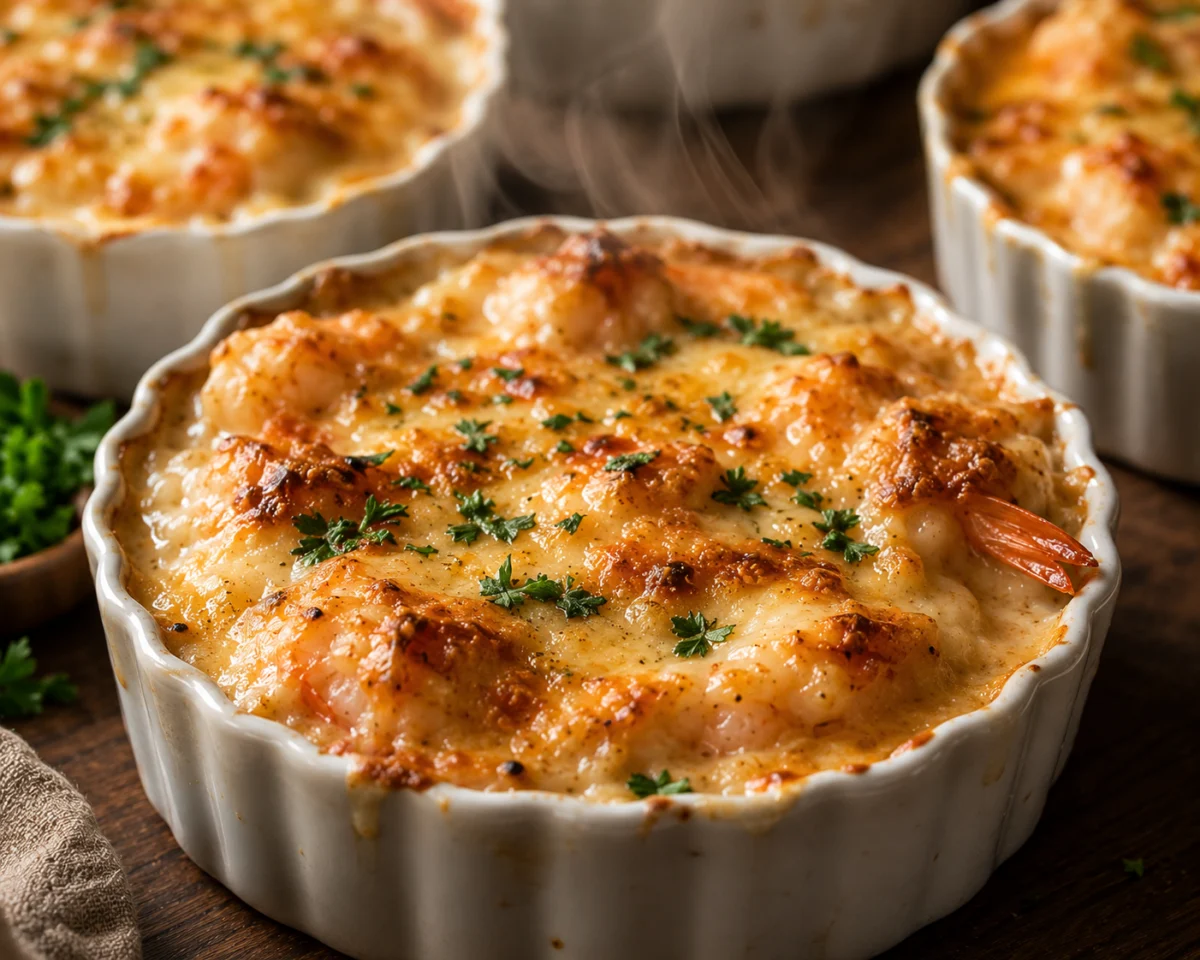 Golden bubbling shrimp gratin ramekins fresh from the oven with parsley