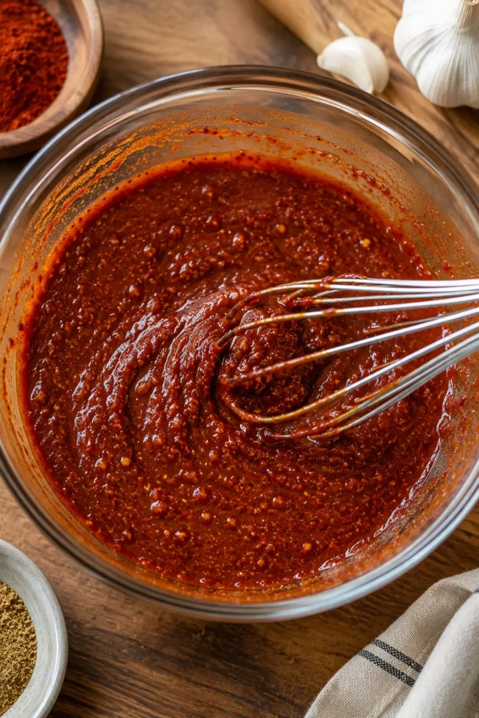Whisking the brick-red shawarma marinade in a glass bowl