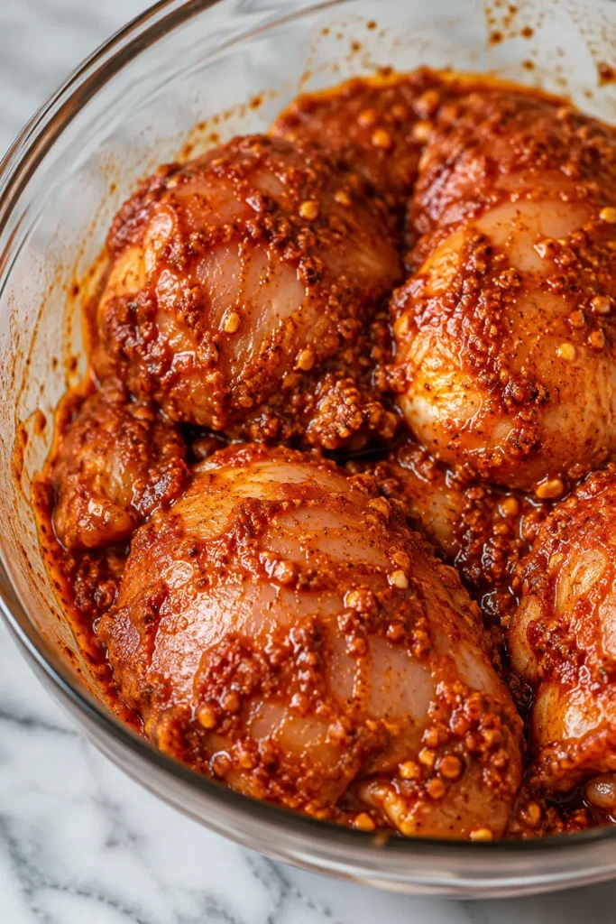 Chicken thighs being coated in shawarma marinade
