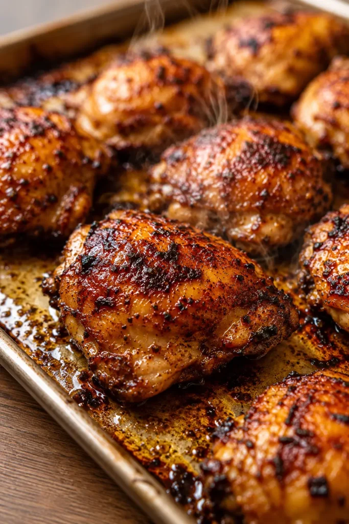 Marinated chicken roasting on a sheet pan until golden at the edges