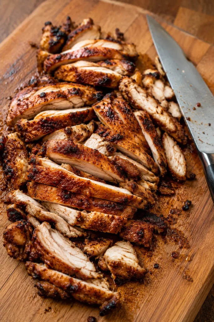 Roasted shawarma chicken sliced into thin strips against the grain