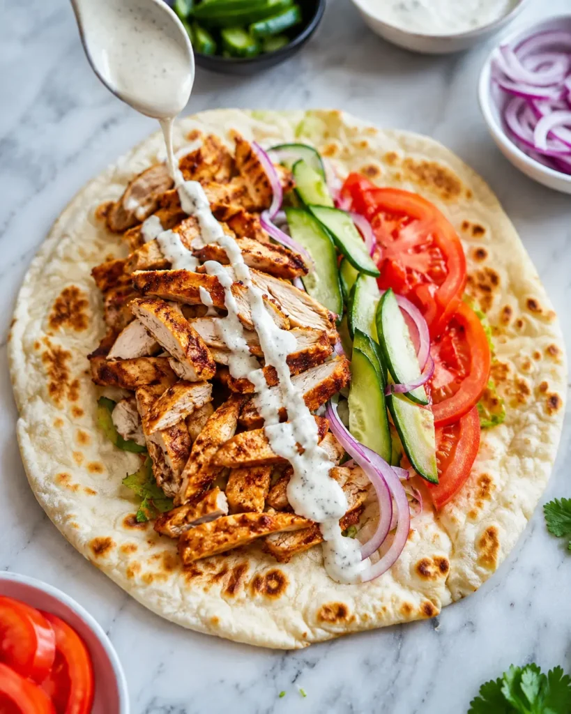 Building a chicken shawarma wrap on flatbread with vegetables and garlic sauce