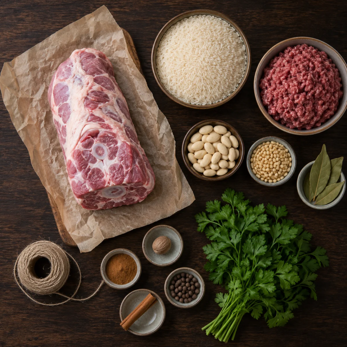 Ingredients for stuffed lamb neck: boned lamb neck, ground lamb, rice, cinnamon, allspice, almonds and pine nuts