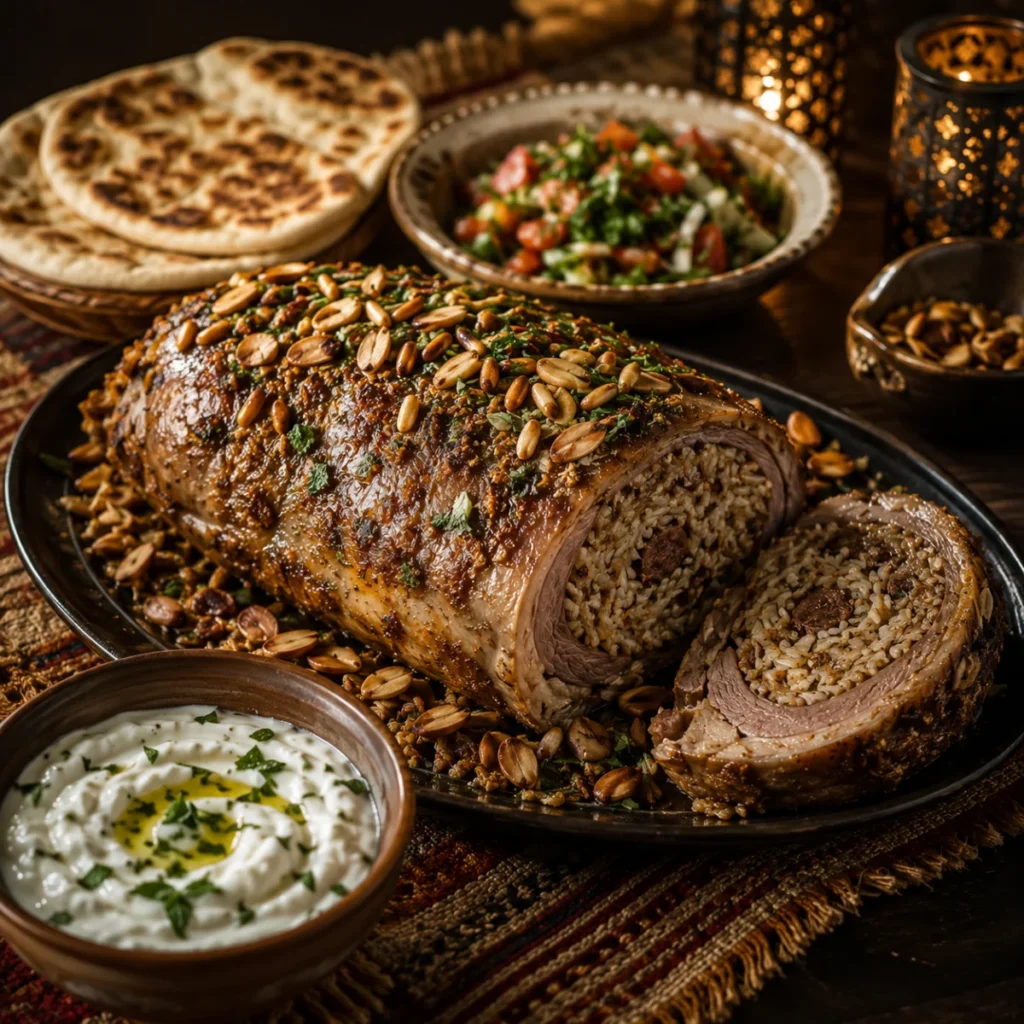 Stuffed lamb neck recipe: golden roasted lamb neck sliced to show spiced rice, almonds and pine nuts