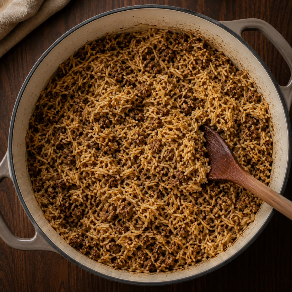 Cooking spiced rice and ground lamb halfway for the lamb neck stuffing