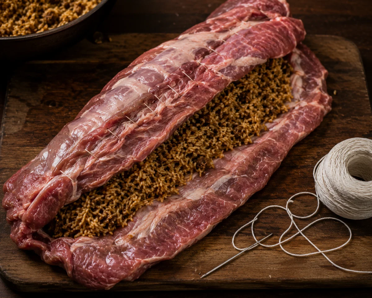 Stuffing the boned lamb neck with spiced rice and sewing the seam closed with twine