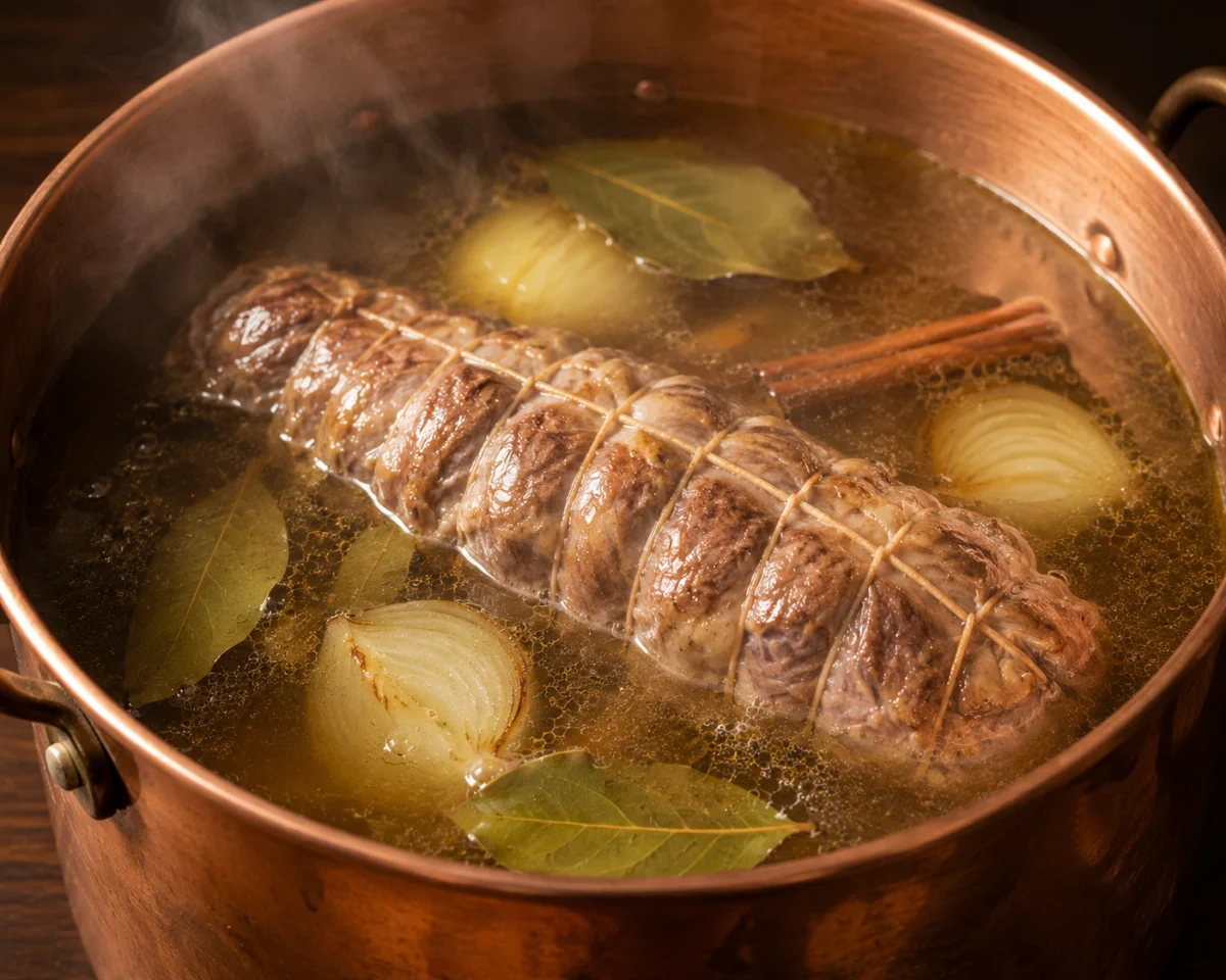 Simmering the tied stuffed lamb neck with bay leaves and cinnamon until tender
