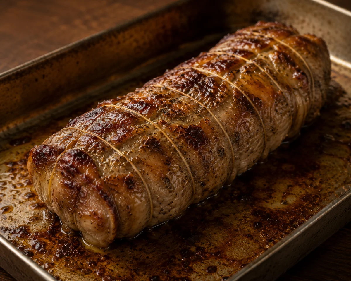 Oiled stuffed lamb neck roasting in a hot oven until deep golden and crisp