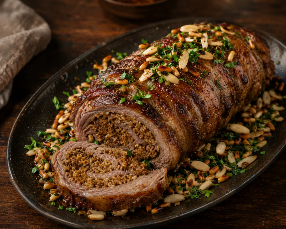Rested stuffed lamb neck crowned with toasted almonds, pine nuts and parsley on a platter