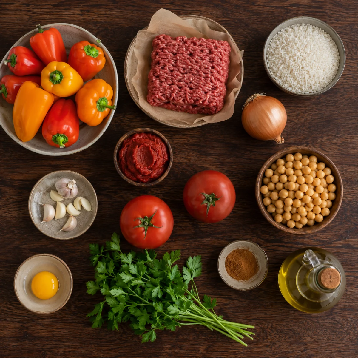 Ingredients for stuffed peppers: sweet peppers, ground beef, rice, chickpeas, tomatoes, garlic and parsley