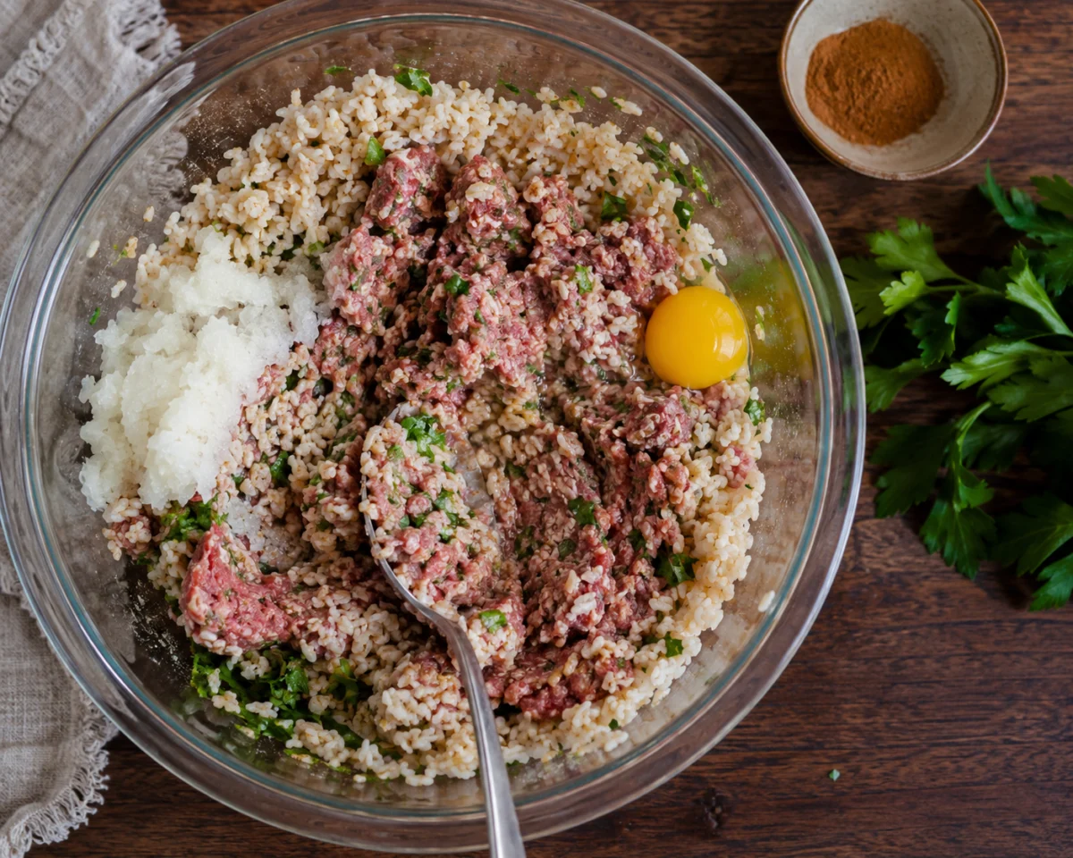 Mixing kefta rice filling for stuffed peppers with parsley and cinnamon