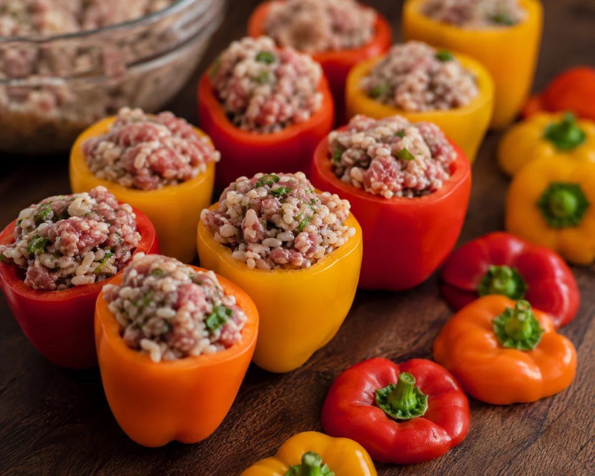 Filling sweet peppers loosely to the shoulder with the beef and rice mixture