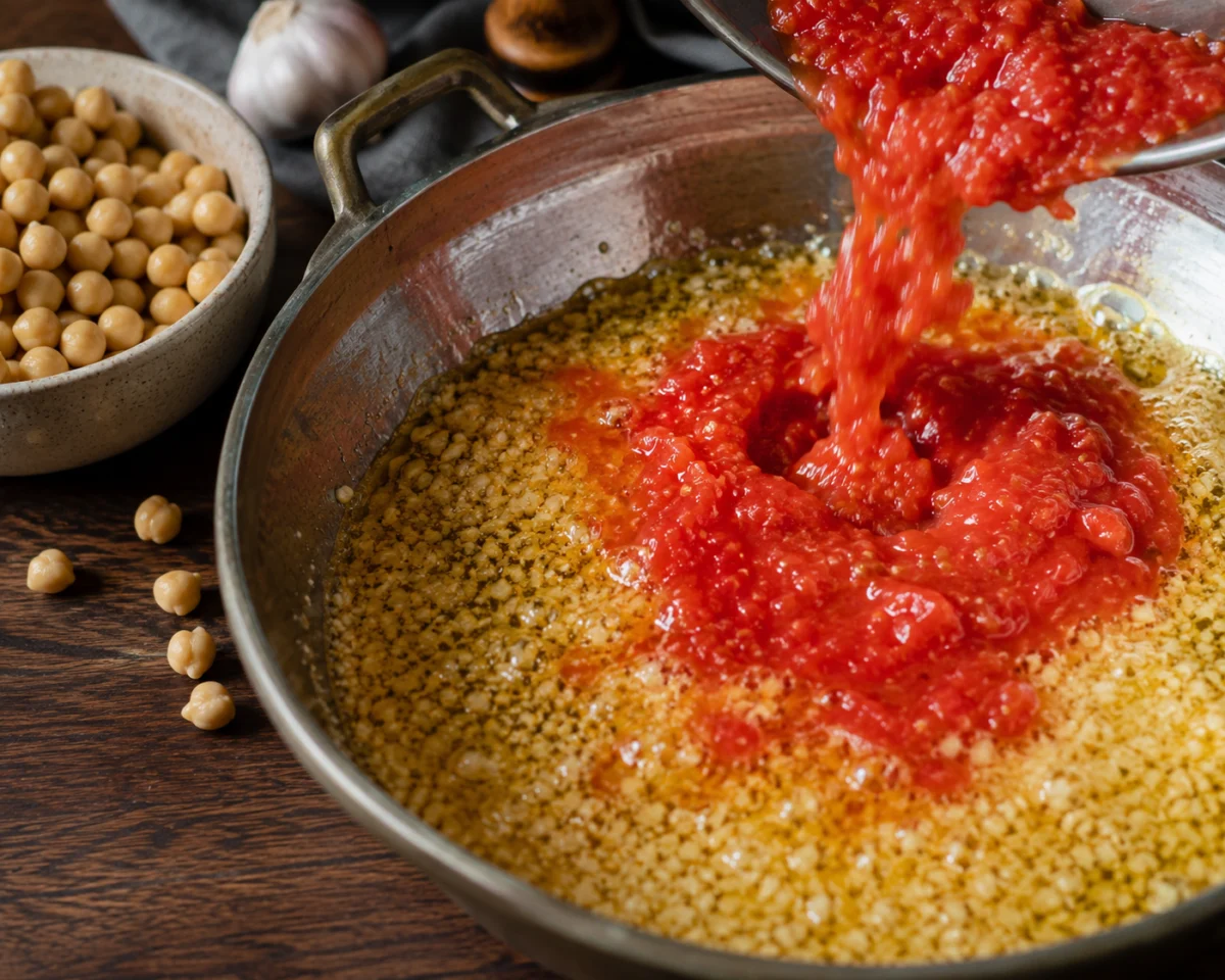 Simmering the dersa tomato chickpea sauce for the stuffed peppers