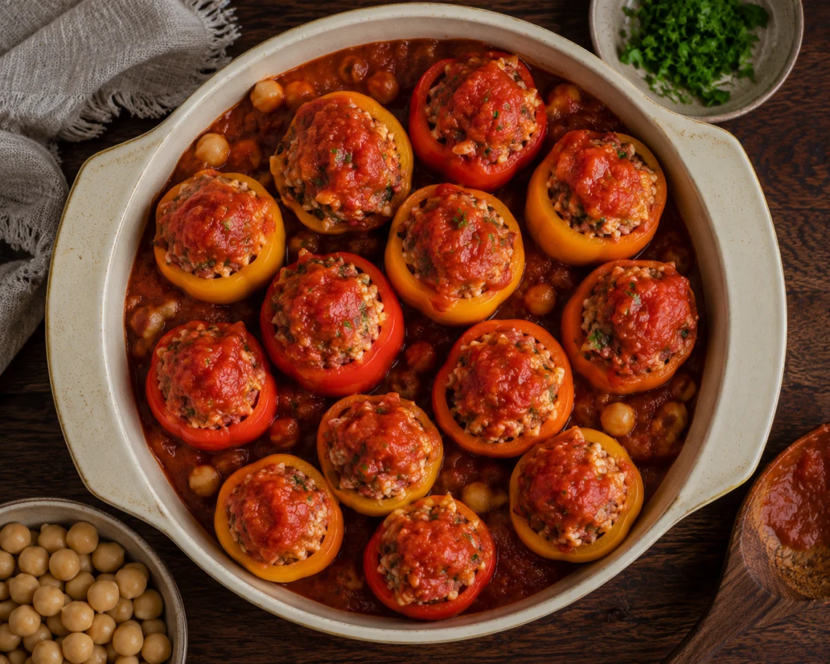 Stuffed peppers baking upright in tomato chickpea sauce until tender