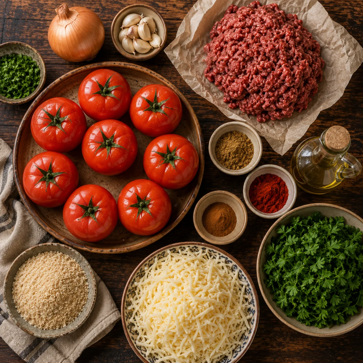 Ingredients for stuffed tomatoes: ripe beefsteak tomatoes, ground beef, onion, garlic, cumin, cinnamon and breadcrumbs
