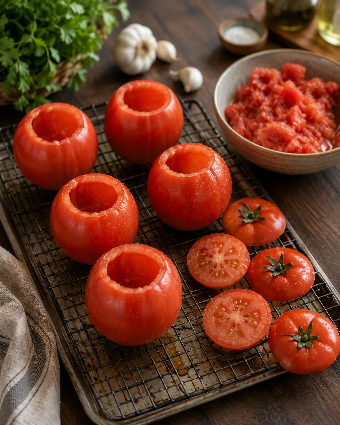 Hollowed tomatoes salted and draining upside down on a rack