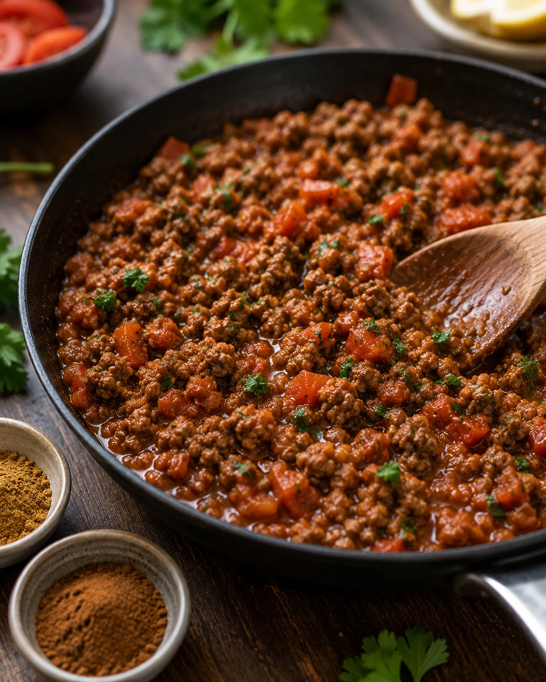 Cooking spiced beef filling with tomato pulp and breadcrumbs in a skillet