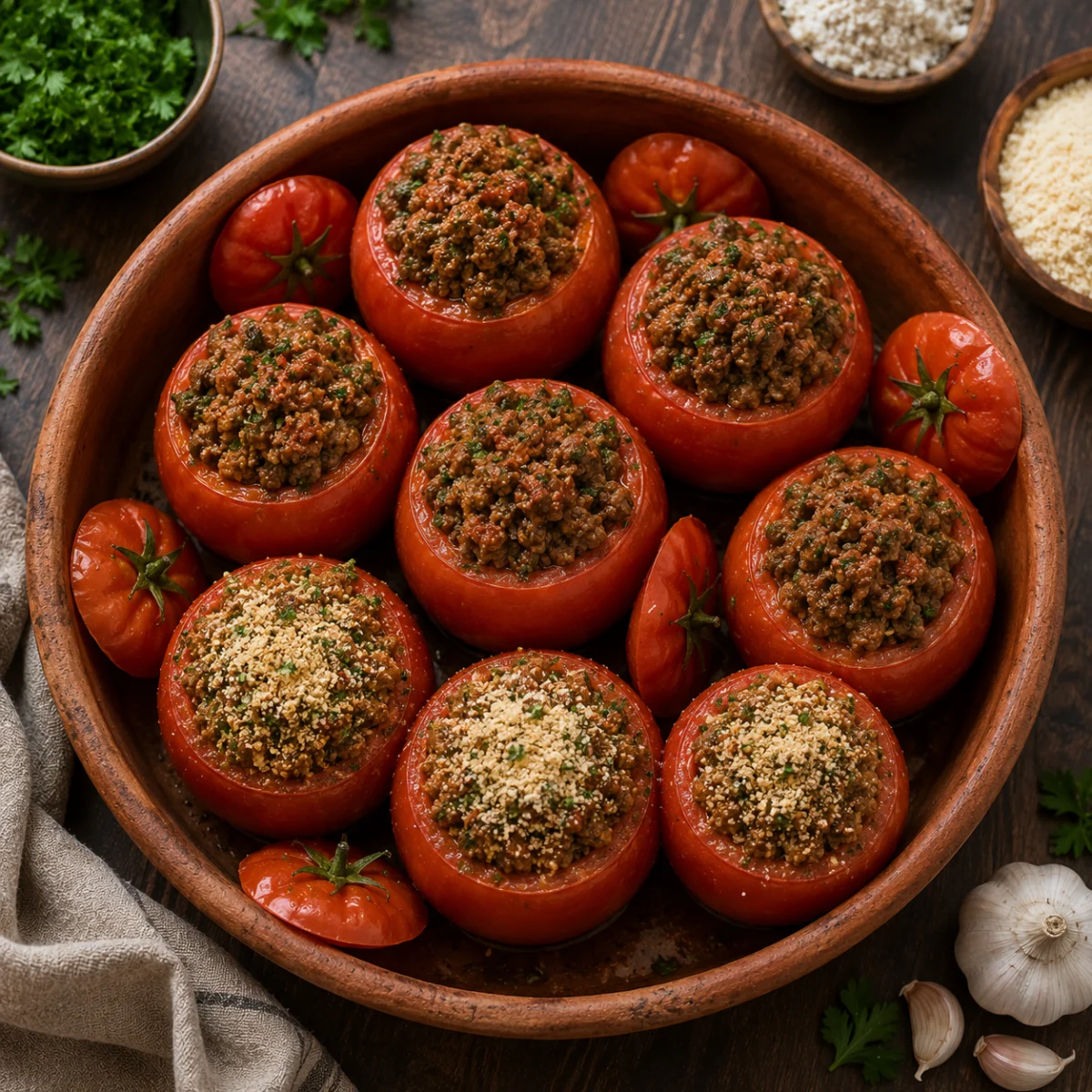 Filling the tomatoes with spiced beef and topping them with breadcrumbs and cheese