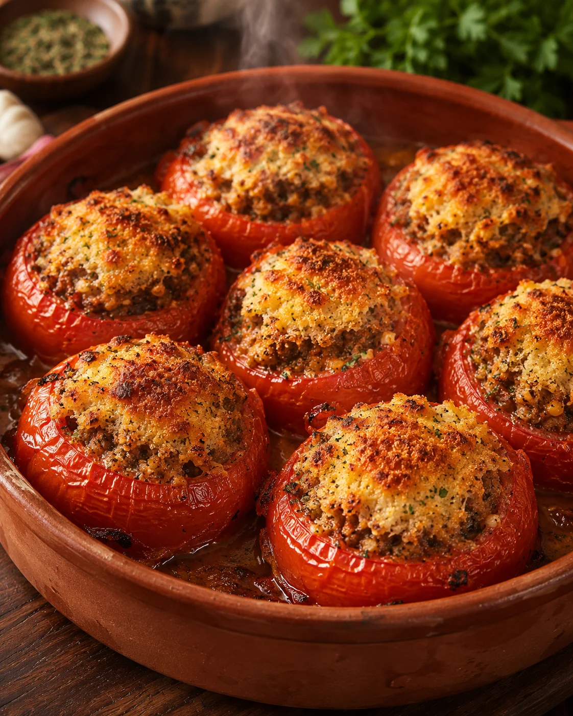 Baked stuffed tomatoes with golden tops slumping in their pan juices