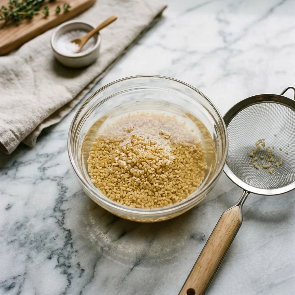 Fine bulgur soaking in a bowl of cold water