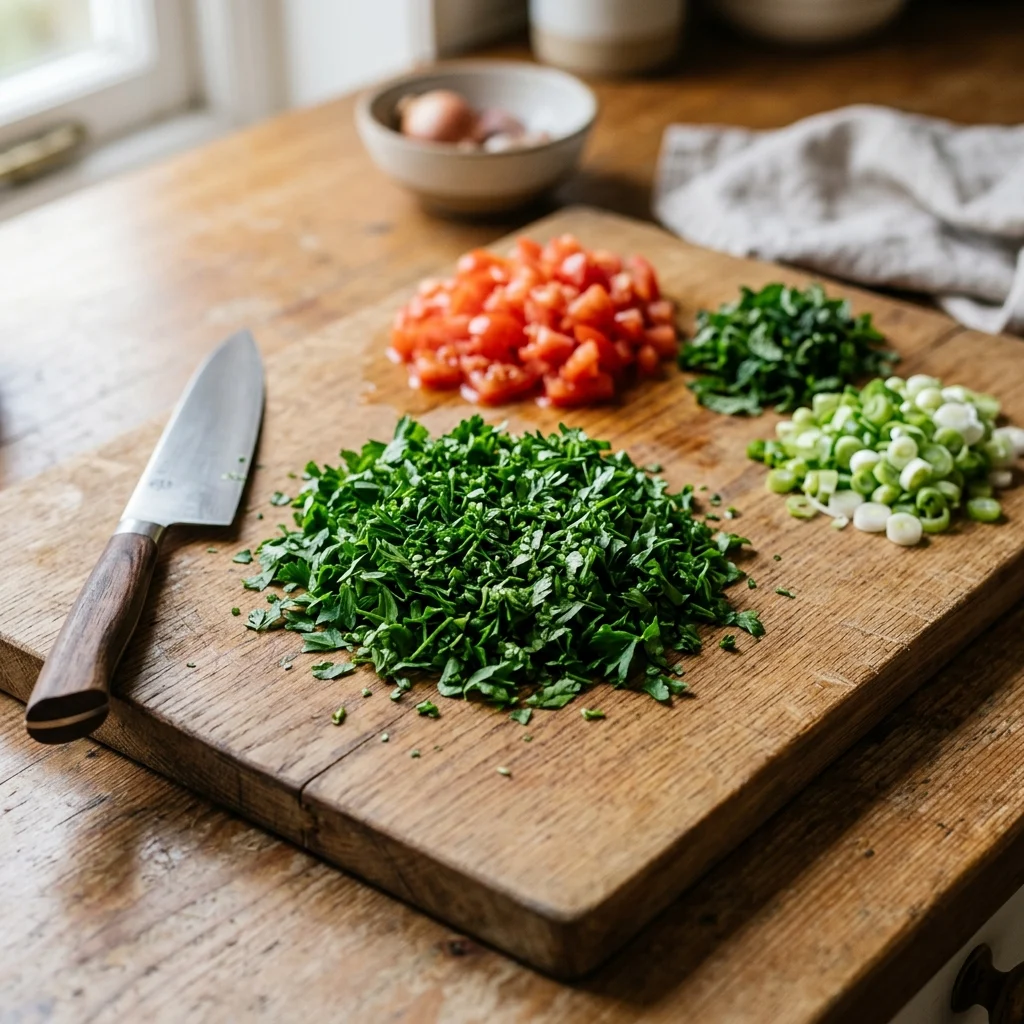 Finely chopping fresh parsley, mint, tomatoes and spring onions