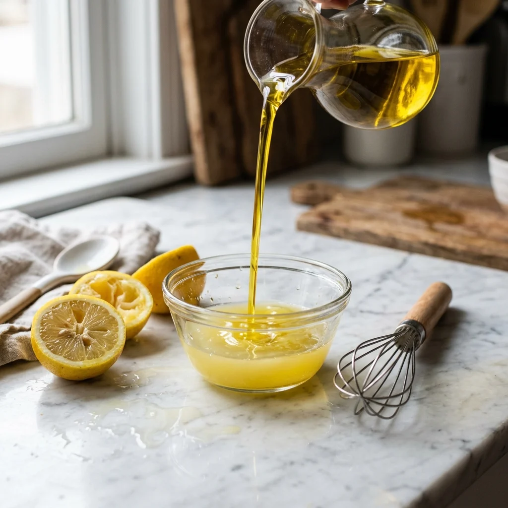 Whisking the lemon and olive oil dressing for tabbouleh