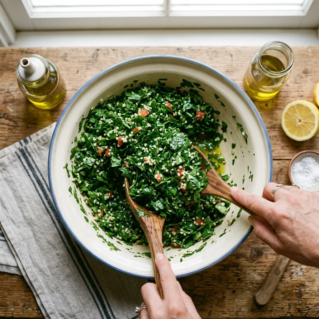 Tossing the tabbouleh salad and letting it rest before serving