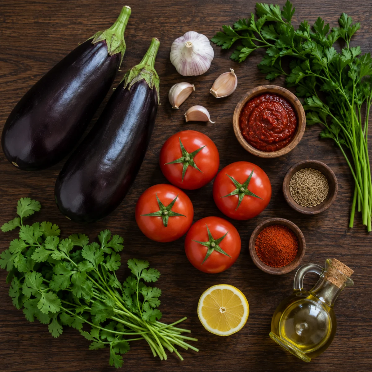 Ingredients for zaalouk: eggplants, ripe tomatoes, garlic, cumin, paprika, olive oil, cilantro and lemon