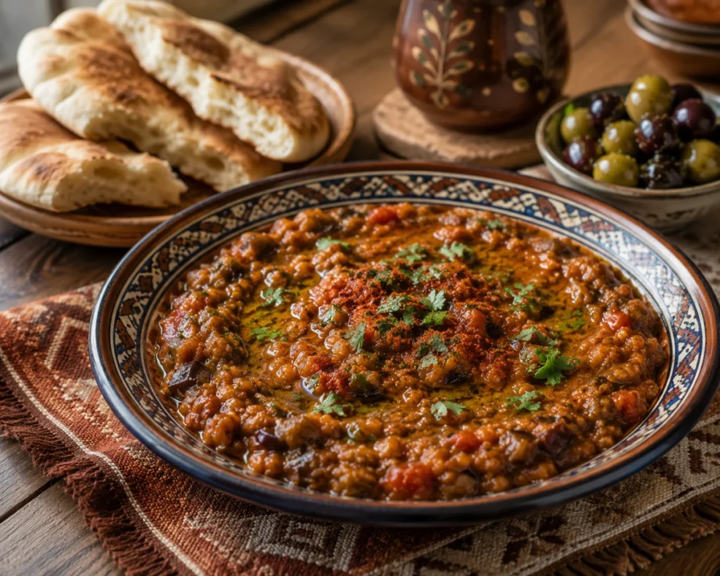 Zaalouk recipe: smoky Moroccan eggplant and tomato dip finished with olive oil and paprika