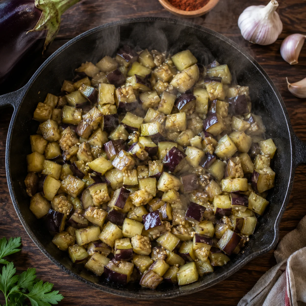 Steaming cubed eggplant in a covered skillet until soft