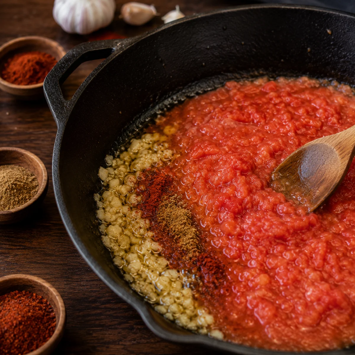 Garlic, cumin and paprika cooking with grated tomatoes into a rough sauce