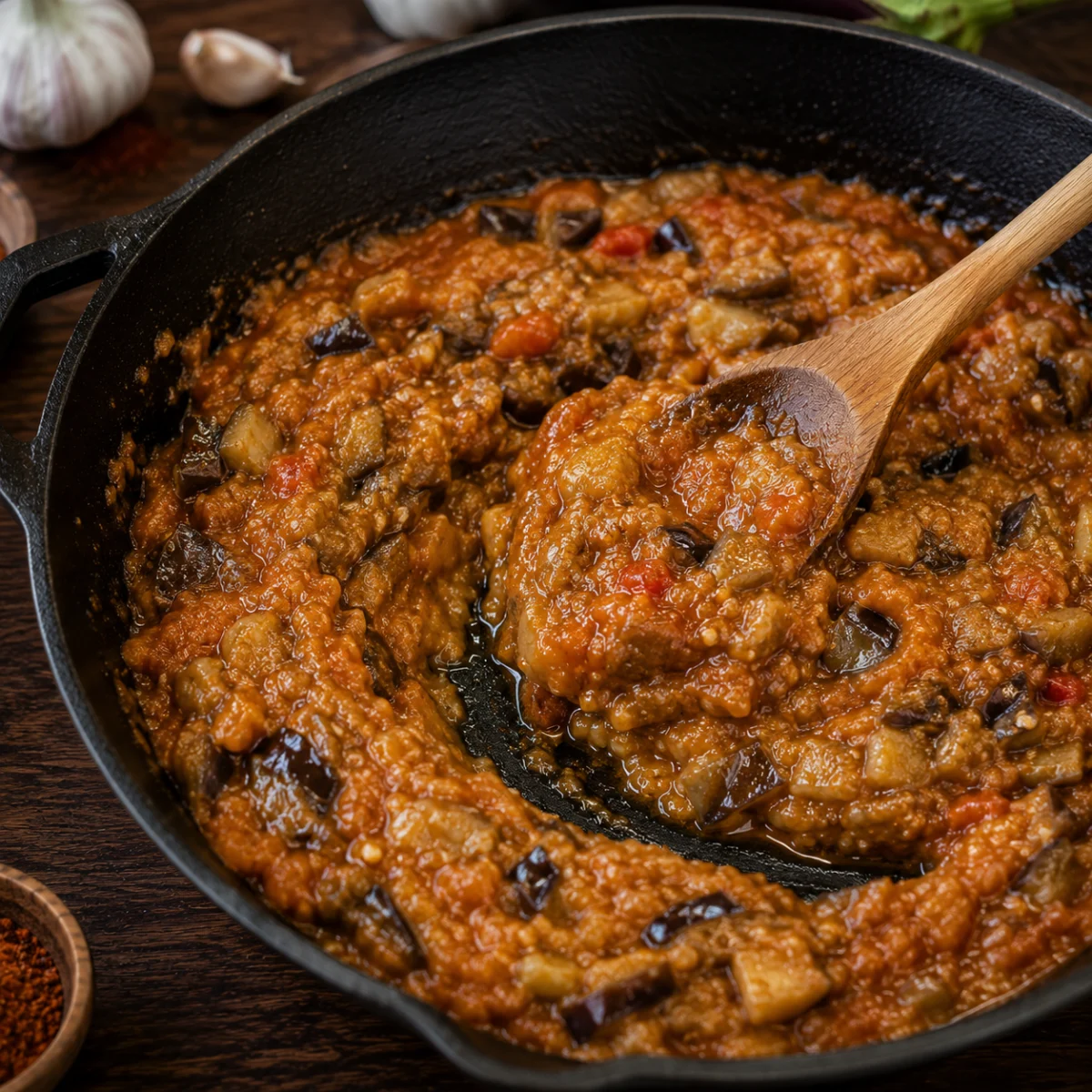 Mashing eggplant into the tomato base as the zaalouk reduces and thickens