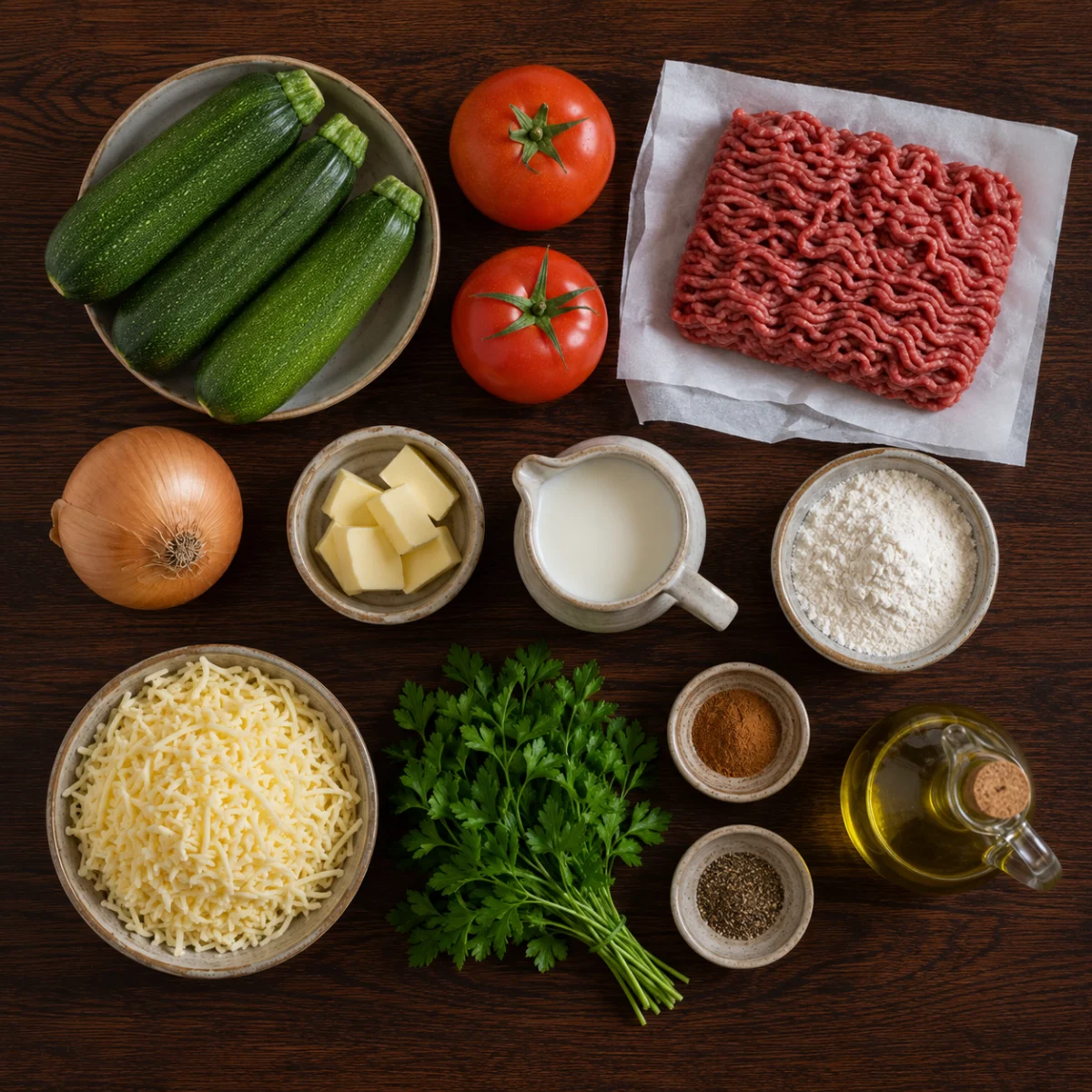 Ingredients for zucchini gratin: zucchini, tomatoes, ground beef, onion, milk, flour and grated cheese