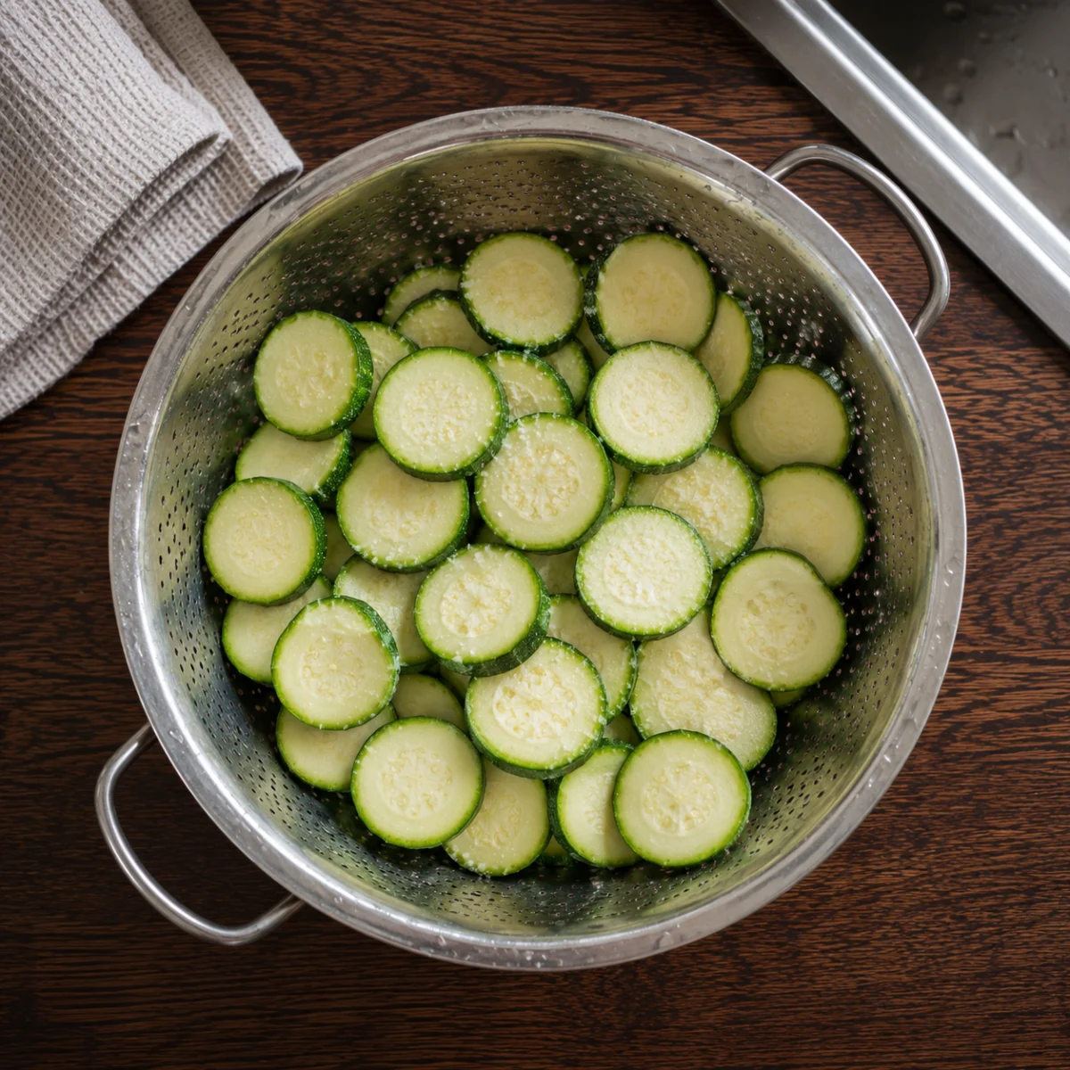 Salted zucchini rounds draining in a colander to release water
