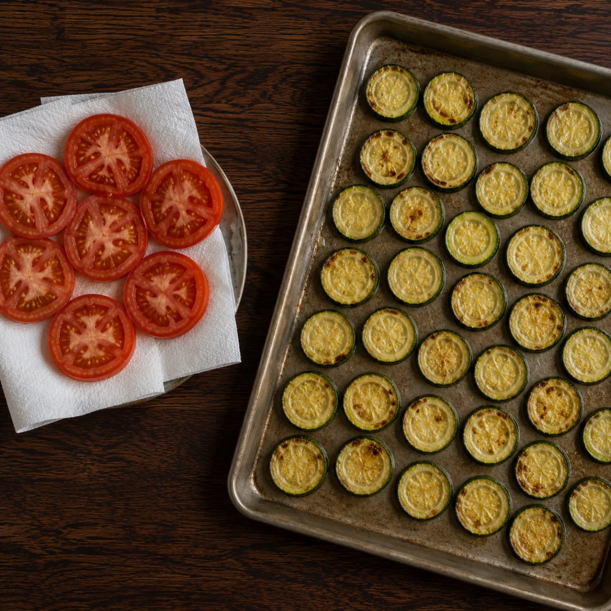 Roasting zucchini rounds on a baking sheet until golden at the edges