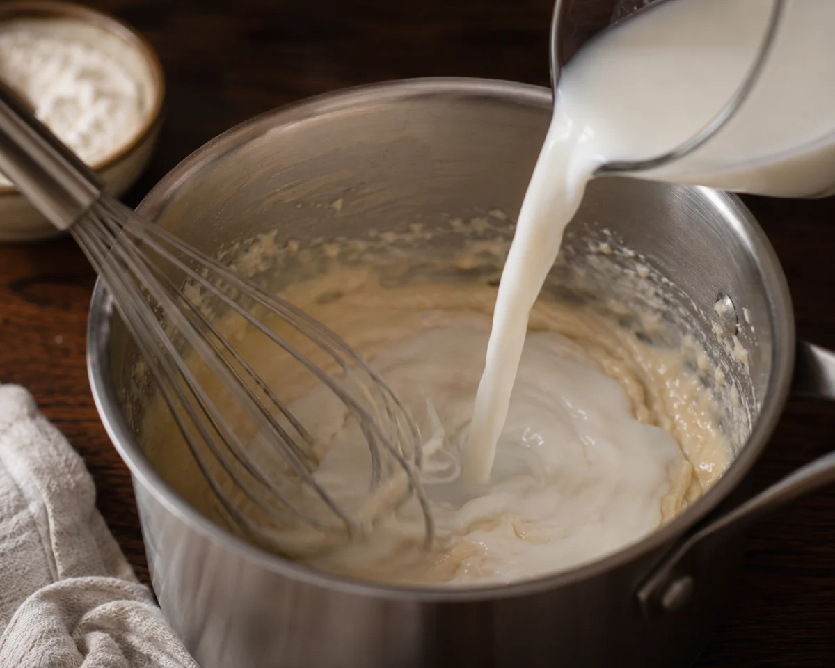 Whisking a smooth bechamel sauce for the zucchini gratin