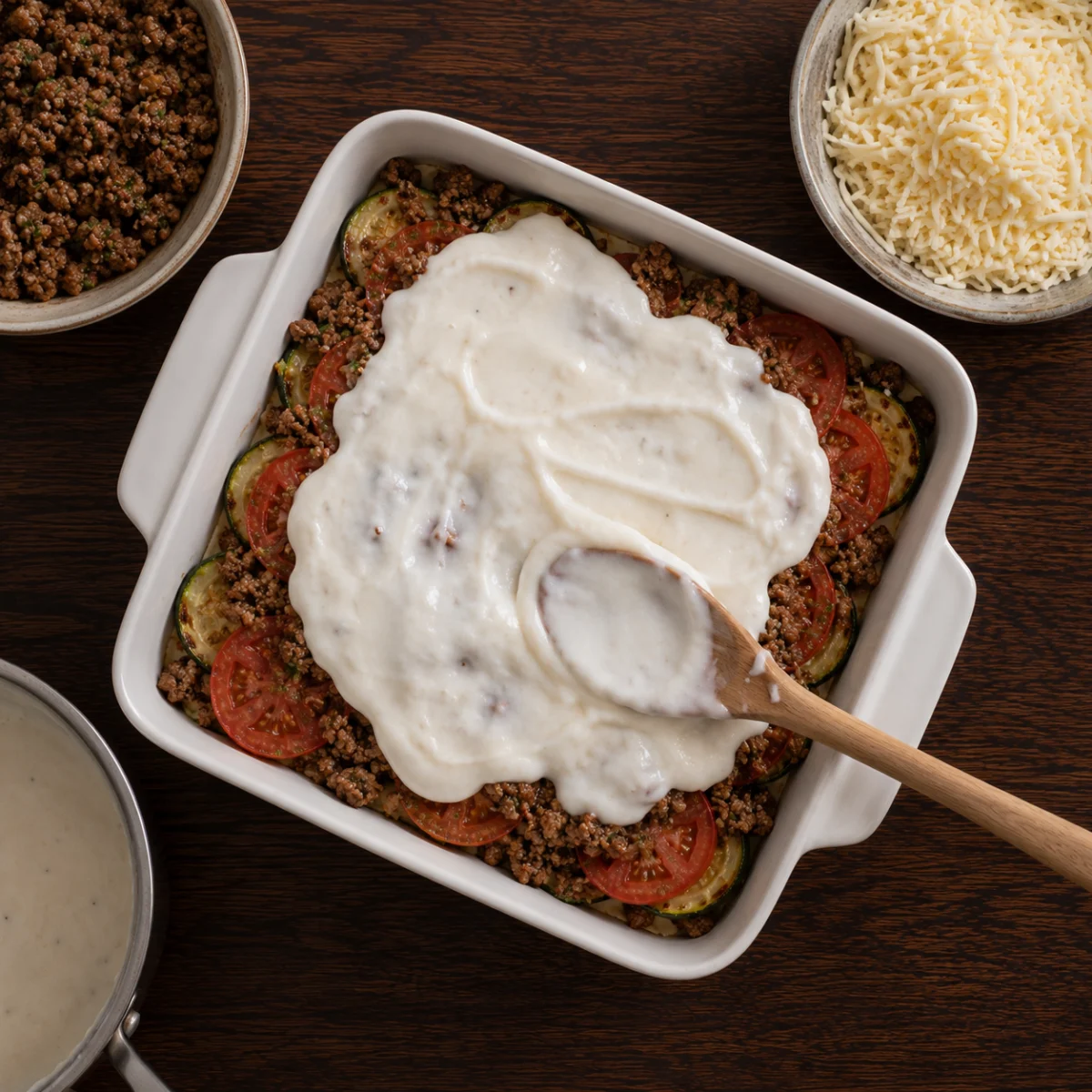 Layered zucchini gratin baked until deep golden and bubbling