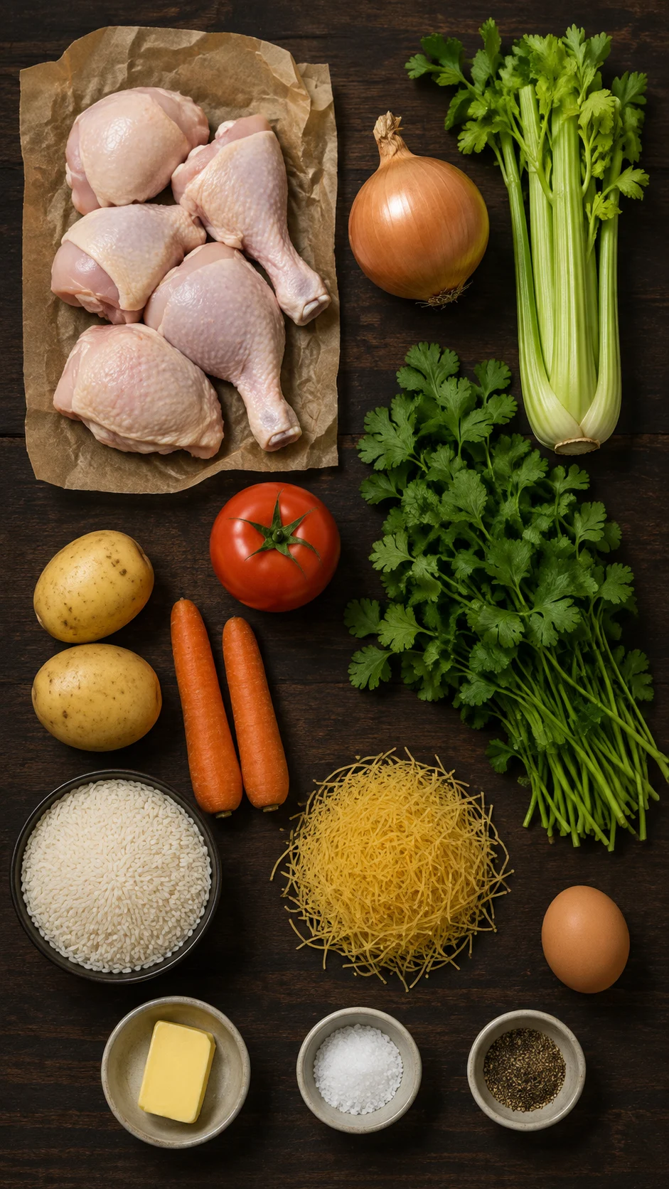 Ingredients for Arabic chicken soup: bone-in chicken, onion, celery, coriander, tomato, potatoes, carrots, rice and vermicelli