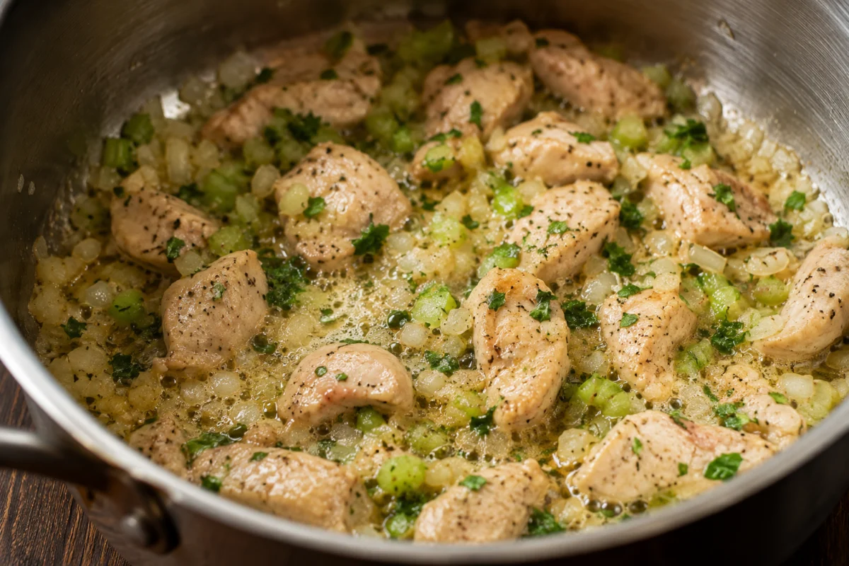 Sauteing chicken pieces with onion, celery and coriander in a large pot