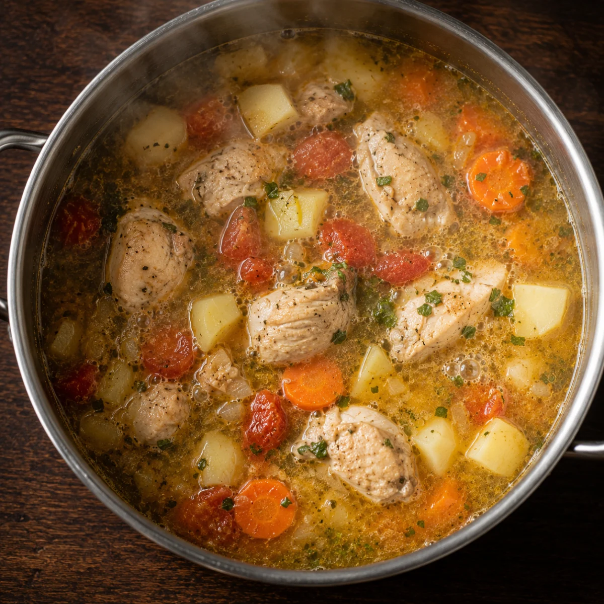 Potatoes, carrots and tomato simmering with rice in the chicken broth
