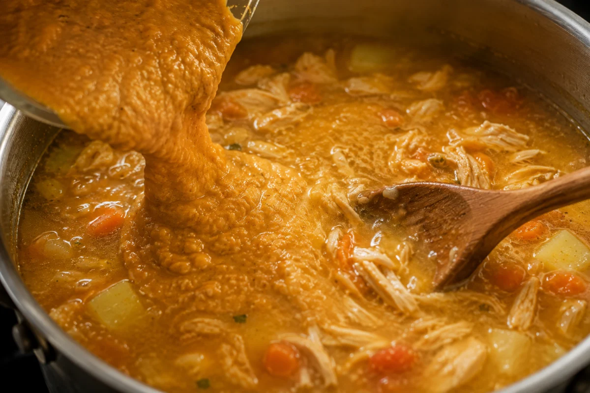 Blending the cooked vegetables into a puree to thicken the soup without flour