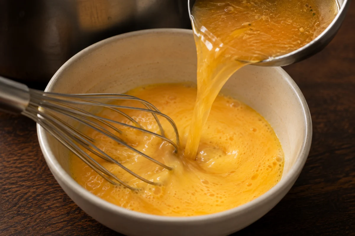 Tempering a beaten egg yolk with hot broth before stirring it into the soup